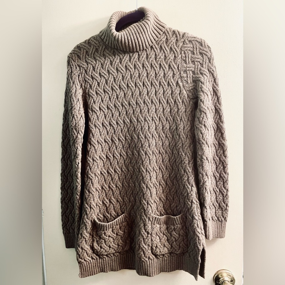 JEANNE PIERRE Taupe Cable-Knit Turtleneck Sweater